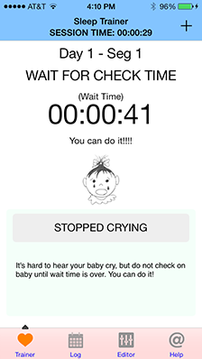 An active sleep session marked with the baby currently crying, telling the parent how much longer to wait before checking on baby.An active sleep session marked with the baby currently crying, telling the parent how much longer to wait before checking on baby.